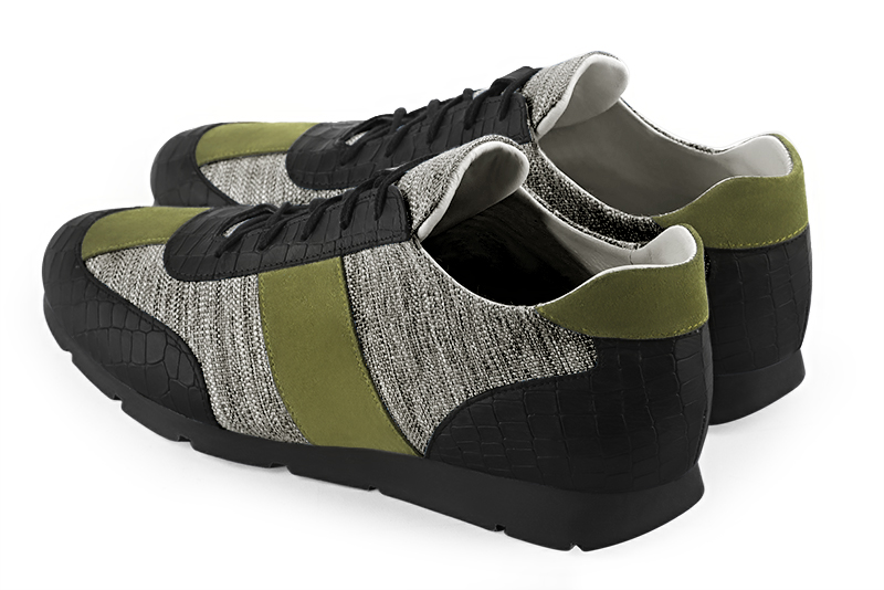 Satin black, ash grey and pistachio green three-tone dress sneakers for men. Round toe. Flat rubber soles. Rear view - Florence KOOIJMAN